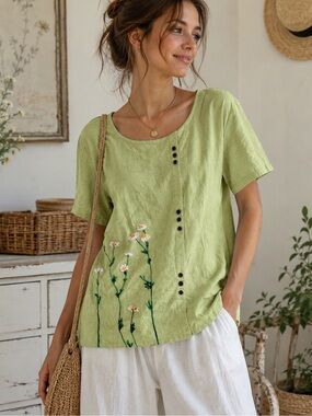 Linen Blend Daisy Embroidered Top Cottagecore Boho Artsy Blouse L